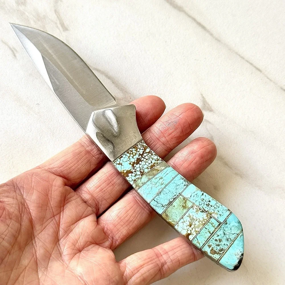 Native Amer Navajo Hunting Knife Number 8 Turquoise Francisco Drop Point Mosaic1